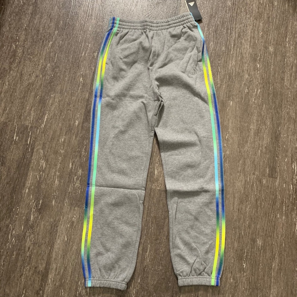 Adidas Kids Grey Jogger Sweatpants Rainbow Stripes Size L 14 16